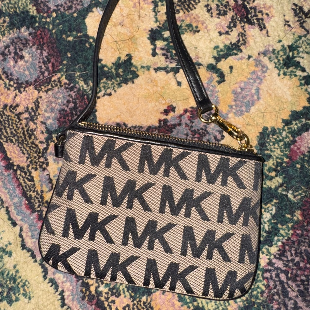 Michael Kors Black and Tan MK Pattern Wristlet
